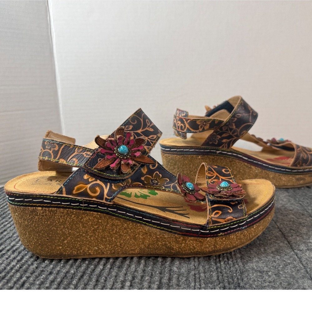 L'Artiste Spring Step Pickford Floral Leather Wedge Sandals Navy Multi Size 40
